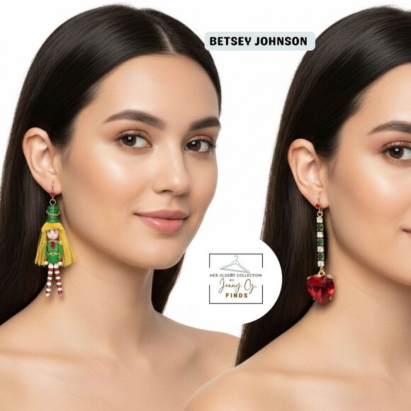 Betsey Johnson Earrings Mismatched Gold Tone Green Nutcracker Girl Red Heart - Picture 1 of 8